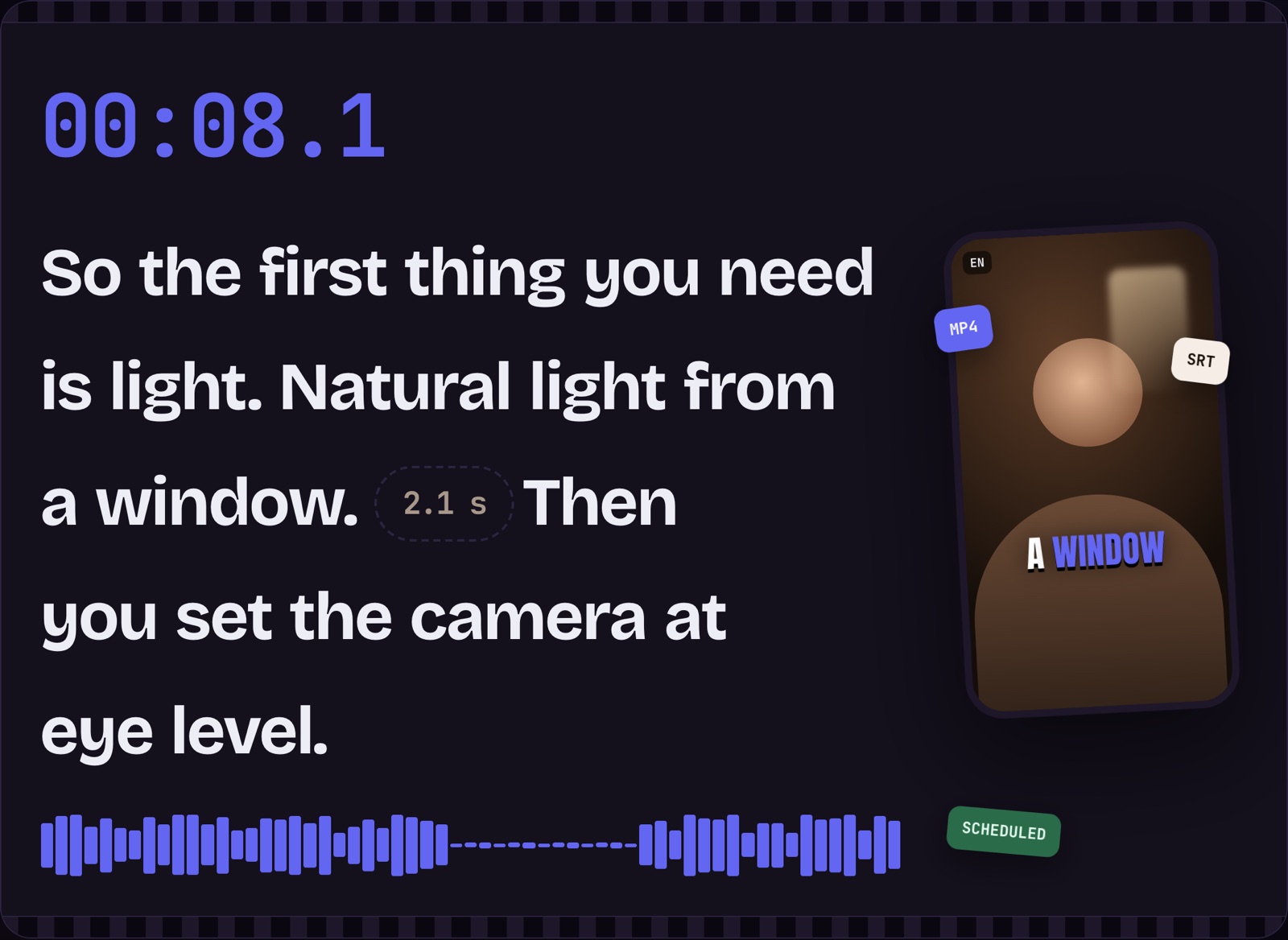 The edited transcript reads cleanly, and a phone shows the finished vertical clip with captions, labelled MP4, SRT and SCHEDULED