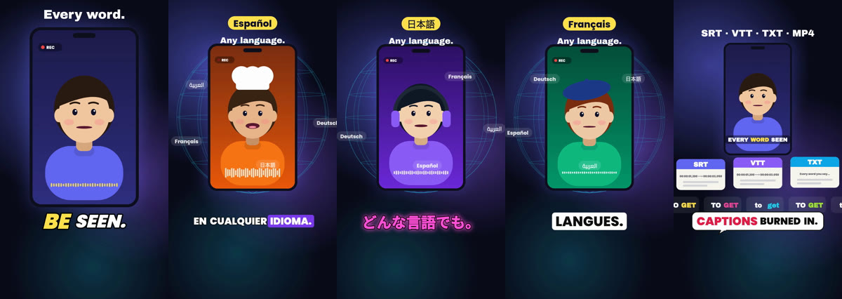 Cinco cuadros de video subtitulado en cinco estilos de subtítulos: inglés, español, japonés, francés y un estilo de burbuja de cómic