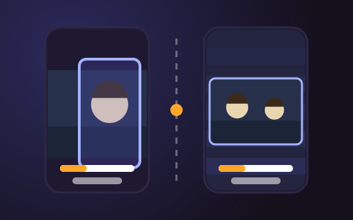 Two phone-shaped frames side by side. One shows a single speaker with a tall crop box around them, the other shows two people with a wider box, and a timeline runs beneath each.